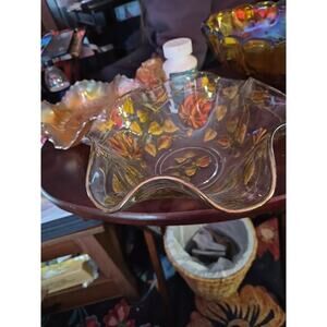 Antique Goofus Glass Bowl With Painted Red And Orange Flowers And Gold Leaves...